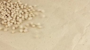 Kurutulmuş nohutlar el işi kağıdına dağılır, insan eli onları toplar, yakın plan görüntü, vegan için sebze proteini, humus için malzeme.