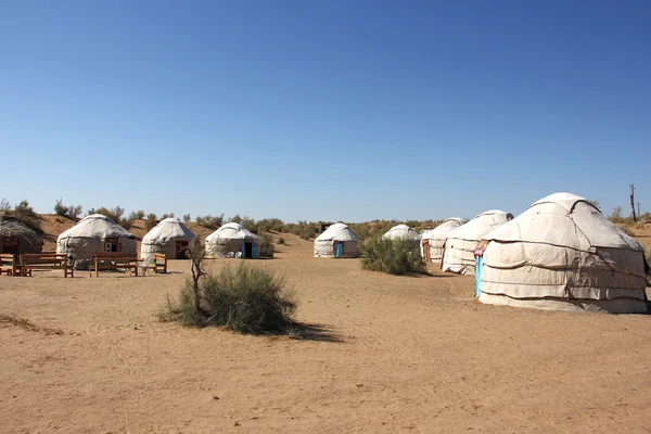 Tourist Yurt camp in the desert, side view — Stock Photo, Image