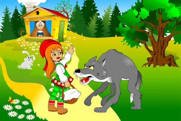 Red riding hood en wolf — Stockvector