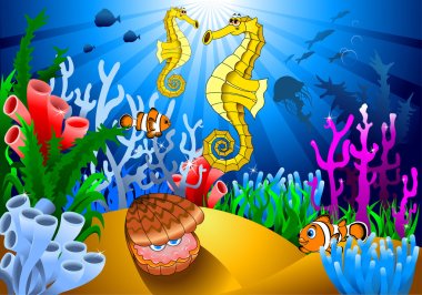 seahorse and shellfish on the bottom clipart