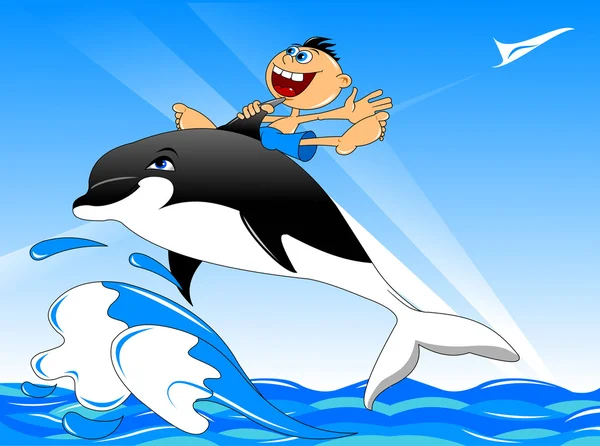 Boy on the back of a large black dolphin — Stock Photo, Image