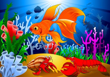 yengeçler ve sualtı goldfish