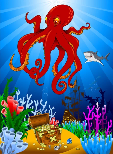 Octopus bevakning piratskatt — Stock vektor