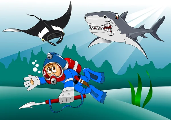 Tubarão e raia que persegue o mergulhador —  Vetores de Stock