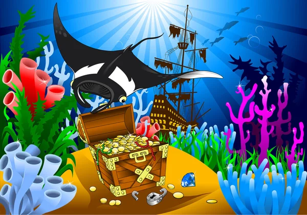 Stingray guarding pirate treasure — Stock Vector