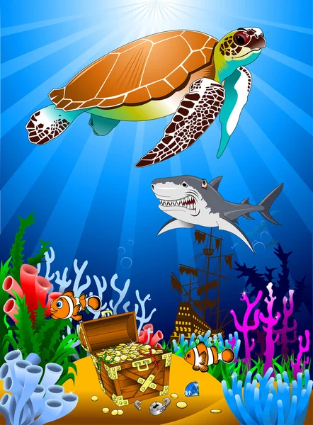Große Schildkröte und Hai — Stockvektor