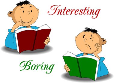 İki erkek çocuk kitap okuyor. İlginç bir kitap ve sıkıcı bir kitap.