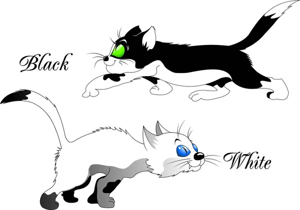 Zwarte Kat Jaagt Grijze Strik Een Vector Illustratie — Stockvector