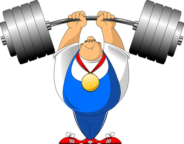 身穿蓝色运动服的强壮举重运动员举起一个巨大的杠铃 — 图库矢量图片