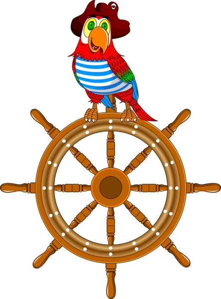 Hermoso Loro Sombrero Pirata Sentado Rueda Del Barco Vecto — Vector de stock