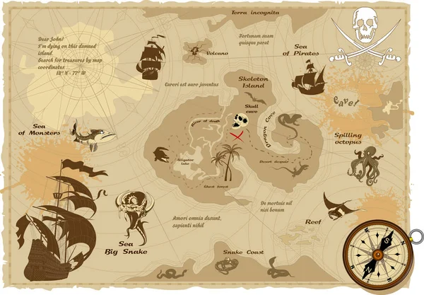 Mapa Geográfico Vintage Mostrando Tesouro Pirata Escondido Vecto — Vetor de Stock