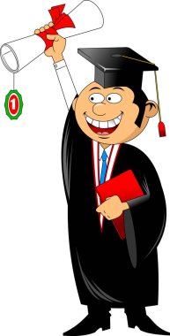 Mezuniyet gününde, kahverengi saçlı, diplomalı ve el hareketleriyle mutlu bir çocuk.