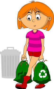 Bir kız ikinci kaynak işleme konteynerine çöp atıyor.