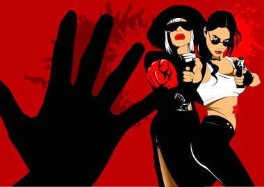 İki suçlu kız ve ellerinde silah olan adam, vektör ve illüstrasyon