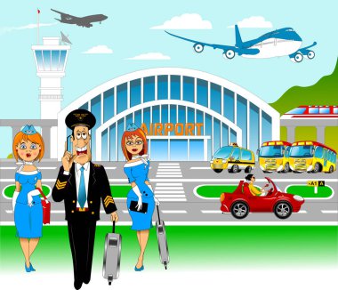 Uluslararası havayolları çalışanları, uçuş görevlileri, pilot, bir uçak kaptanı.
