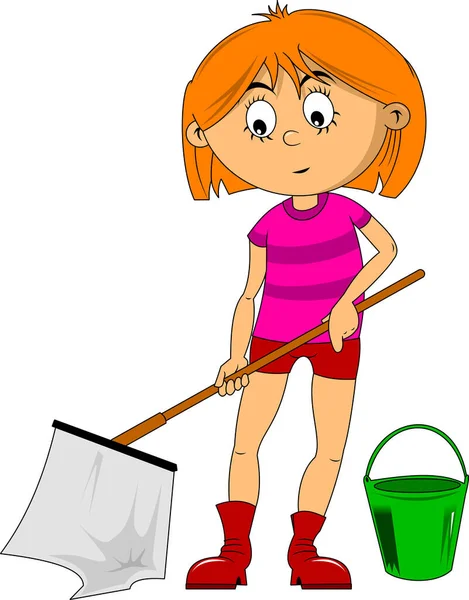 漂亮的女人用刷子擦地板 家庭清洁服务 — 图库矢量图片