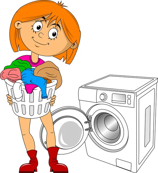 Mulher Bonita Fazendo Lavanderia Colocando Roupas Sujas Máquina Lavar Roupa —  Vetores de Stock