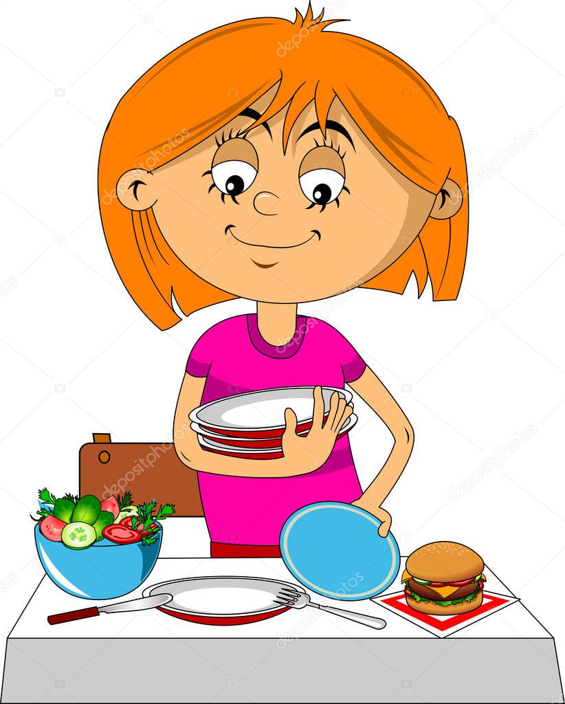 beautiful girl serves a table before the holiday, vector and illustratio