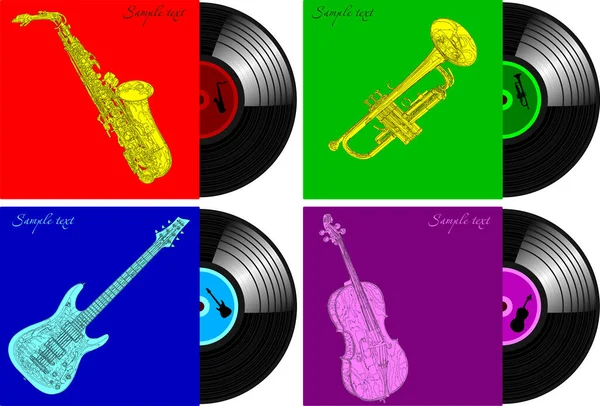 異なる楽器のイメージと古いレコードのカバー ベクトル — ストックベクタ