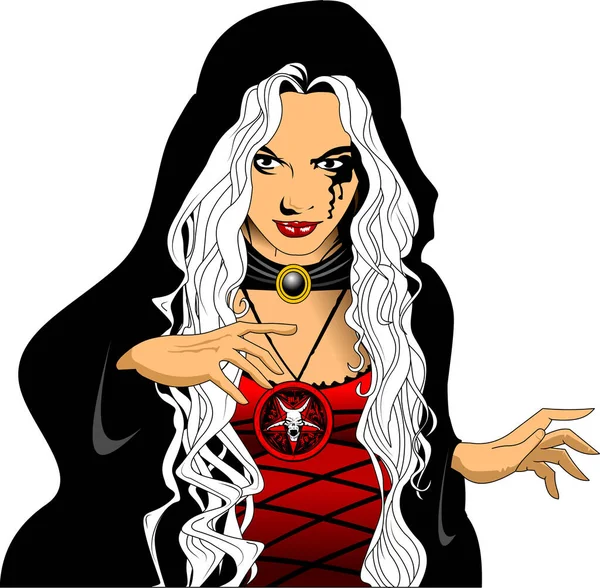 Bruja Joven Con Pelo Blanco Dres Rojo — Vector de stock