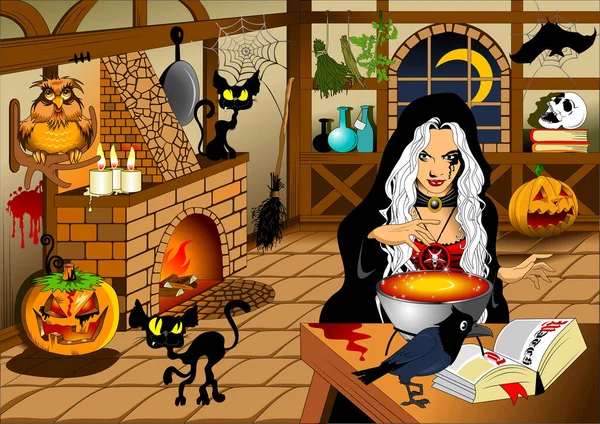 Векторный Хэллоуин Плакат Фоновая Карта Милой Молодой Ведьмы — стоковый вектор