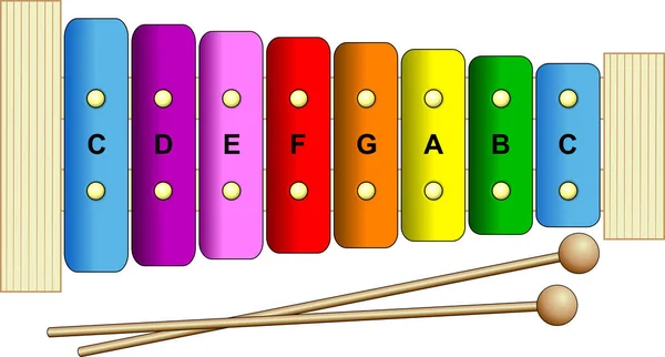 白を基調とした8色の金属板が付いた子楽器の木琴 — ストックベクタ