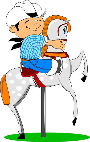 Little Cheerful Kid Riding Carousel Vector Illustratio — Stock Vector