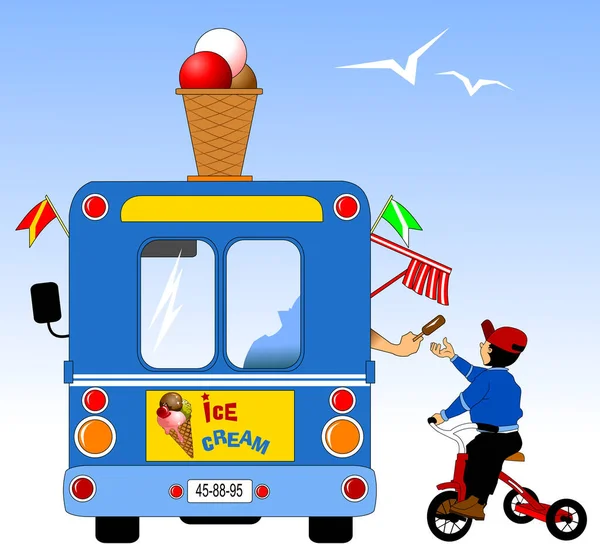 Little Boy Red Bike Buys Ice Cream Vecto — Stock Vector