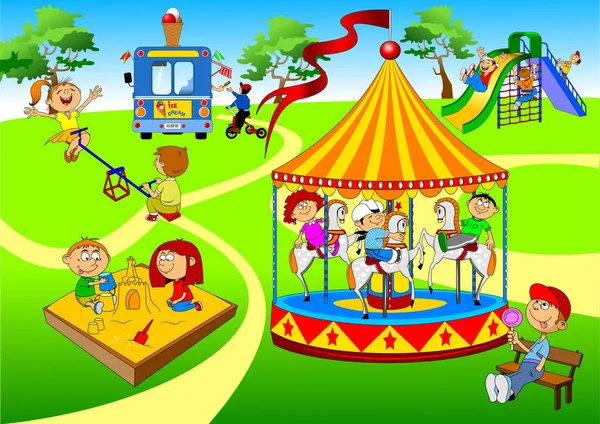 Děti Hrají Parku Máma Chodí Dítětem Vektor Ilustrace — Stockový vektor