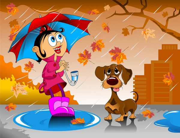 Niña Caminando Con Paraguas Bajo Lluvia — Vector de stock