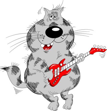 komik gri kedi kırmızı gitar, vektör ve illüstrasyon çalıyor