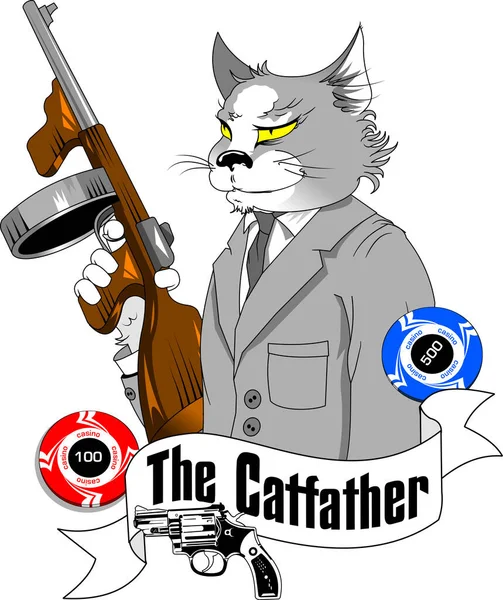 Šedá Kočka Kostýmu Gangstera Pistolí Tlapě — Stockový vektor