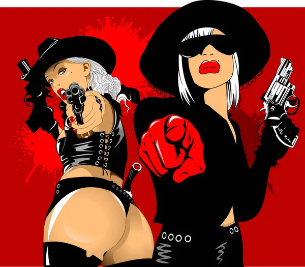 Две Женщины Шляпах Черными Пистолетами Красной Заднице — стоковый вектор