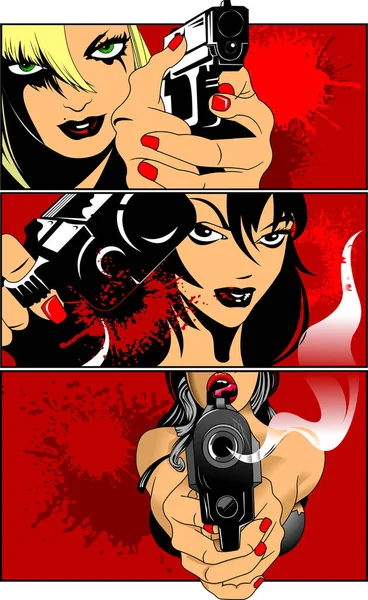 Три Красивые Женщины Черными Пистолетами Красной Спине — стоковый вектор