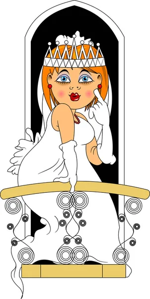 Beautiful Bride Waiting Groom Stands Balcony Vecto — Stock Vector