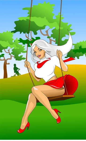 Very Beautiful Girl Red Skirt Swinging Swing Vector — Stock Vector