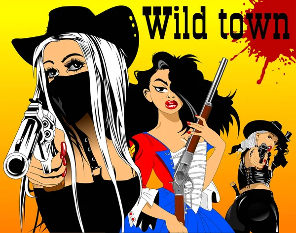 Três Mulheres Com Armas Roupa Dos Tempos Oeste Selvagem Vetor — Vetor de Stock