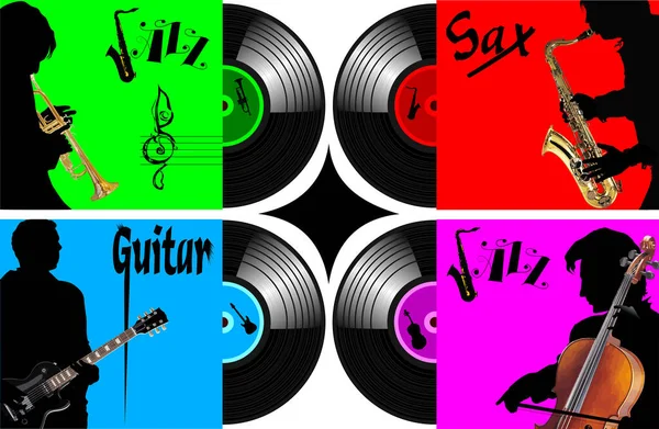 異なる楽器のイメージと古いレコードのカバー ベクトル — ストックベクタ