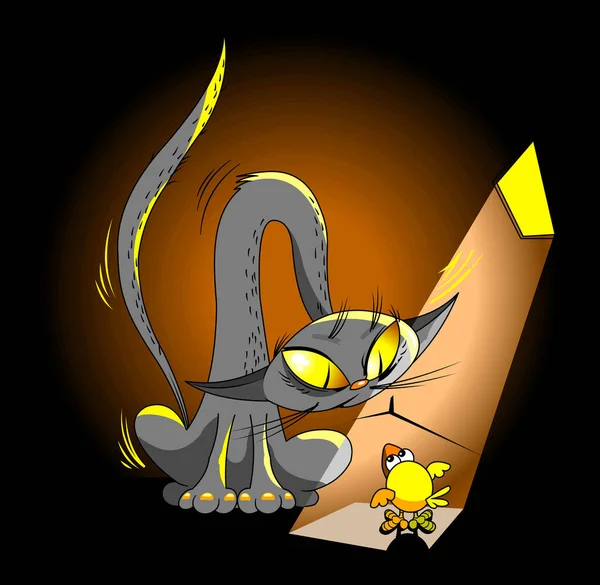 Gato Atrapado Pajarito Ático Oscuro Vector Ilustración — Archivo Imágenes Vectoriales