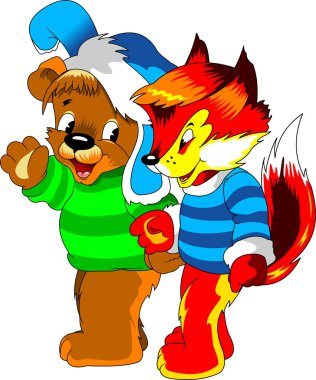 Sıcak süveter, vektör ve illüstrasyon giymiş neşeli ayı ve tilki