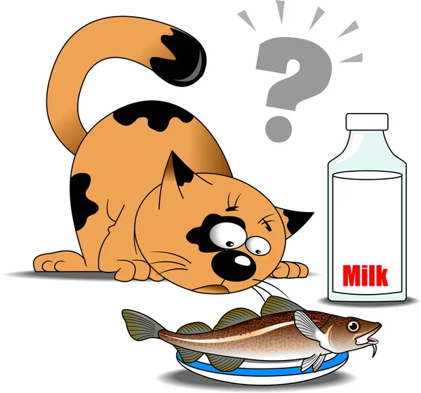 Şişman Kedi Sütle Balık Arasında Seçim Yapamaz — Stok Vektör