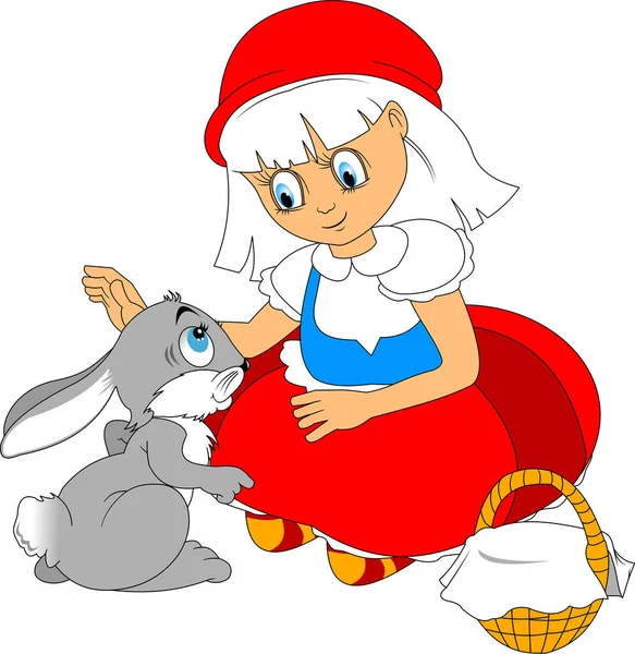 Little Girl Red Hat Walk Met Gray Rabbit — Stock vektor