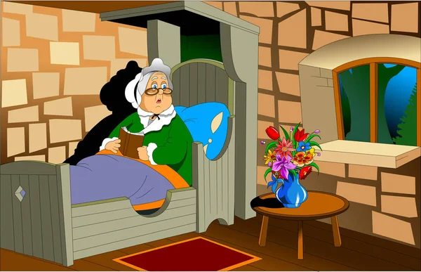 Ηλικιωμένη Γυναίκα Στο Κρεβάτι Διαβάζοντας Ένα Παλιό Βιβλίο Εικονογράφηση — Διανυσματικό Αρχείο