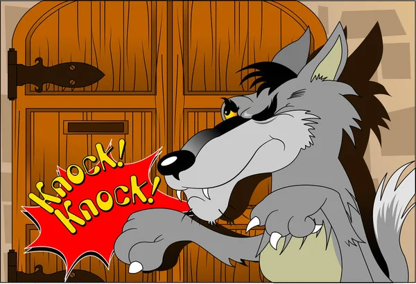 Lobo Sly Llamando Puerta Ilustración Para Cuento Hadas — Vector de stock