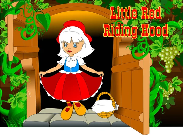 Little Girl Red Hat Basket Stands Doorstep — Stock Vector