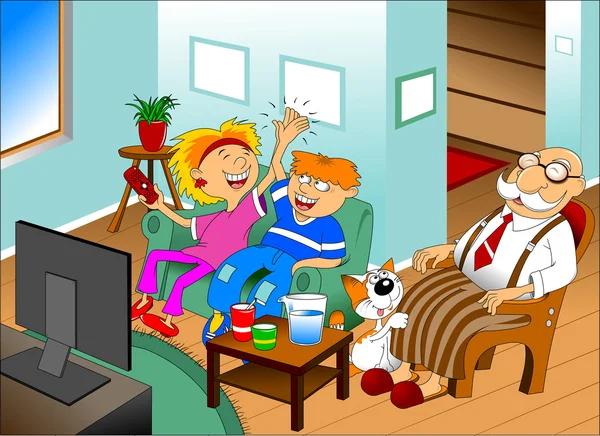 Nietos y abuelo viendo la televisión — Vector de stock