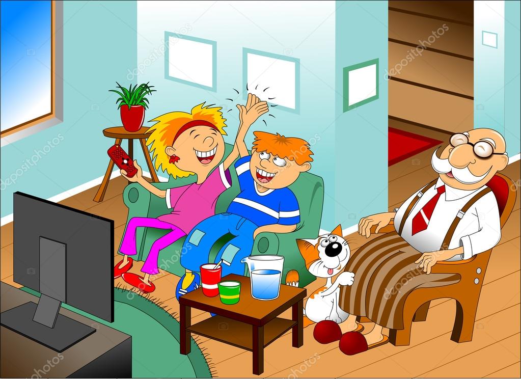 Grandchildren and grandfather watching TV Stock Vector Image by ©sababa66  #63963335