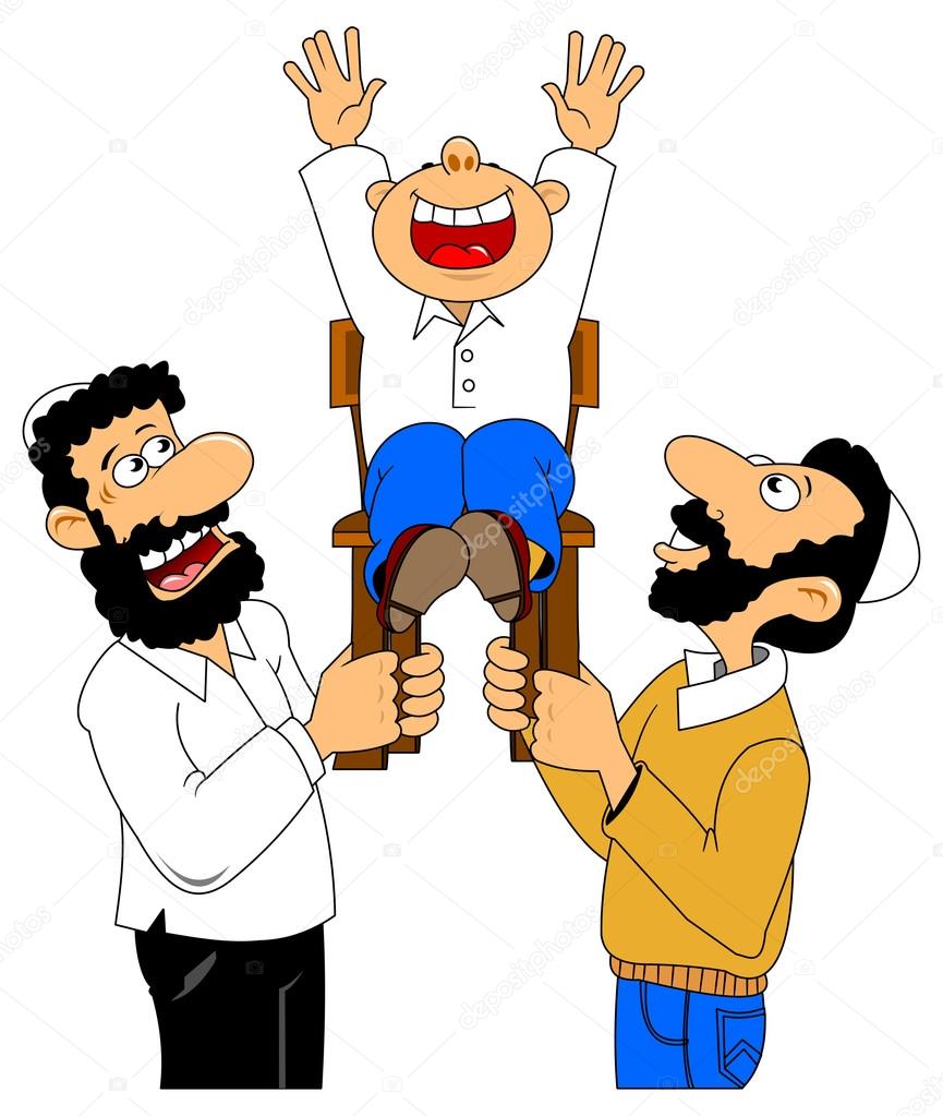 Men lifting boy on chair