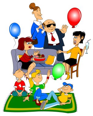 Çizgi film yetişkin ve çocuklar evde parti var