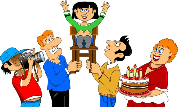 Menina dos desenhos animados tem uma festa de aniversário — Vetor de Stock